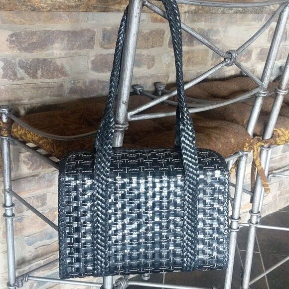 Vintage 90s Black Woven Leather Handbag - Picture 8 of 17